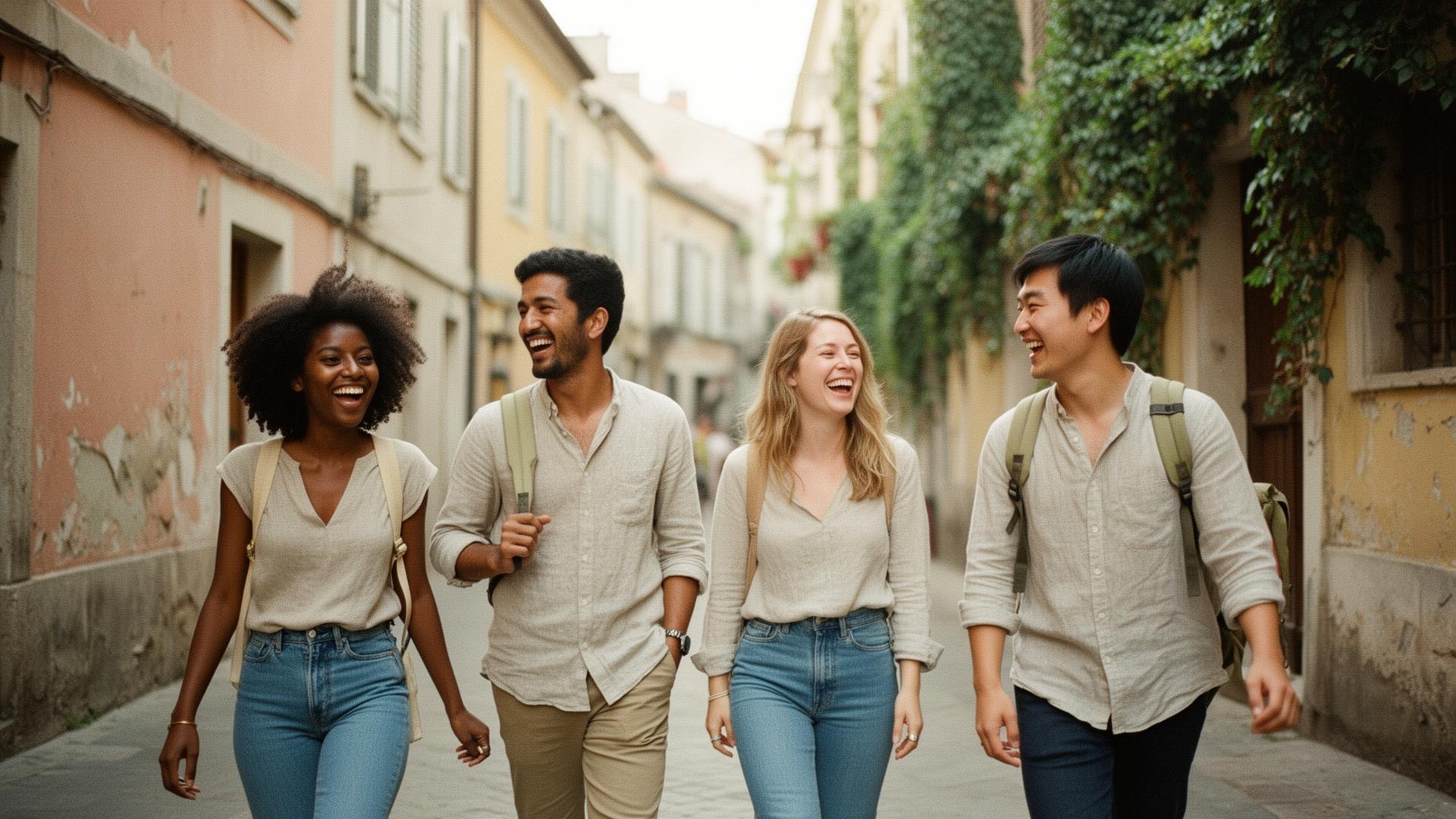 Four friends from different backgrounds laughing while walking a pastel old-town street