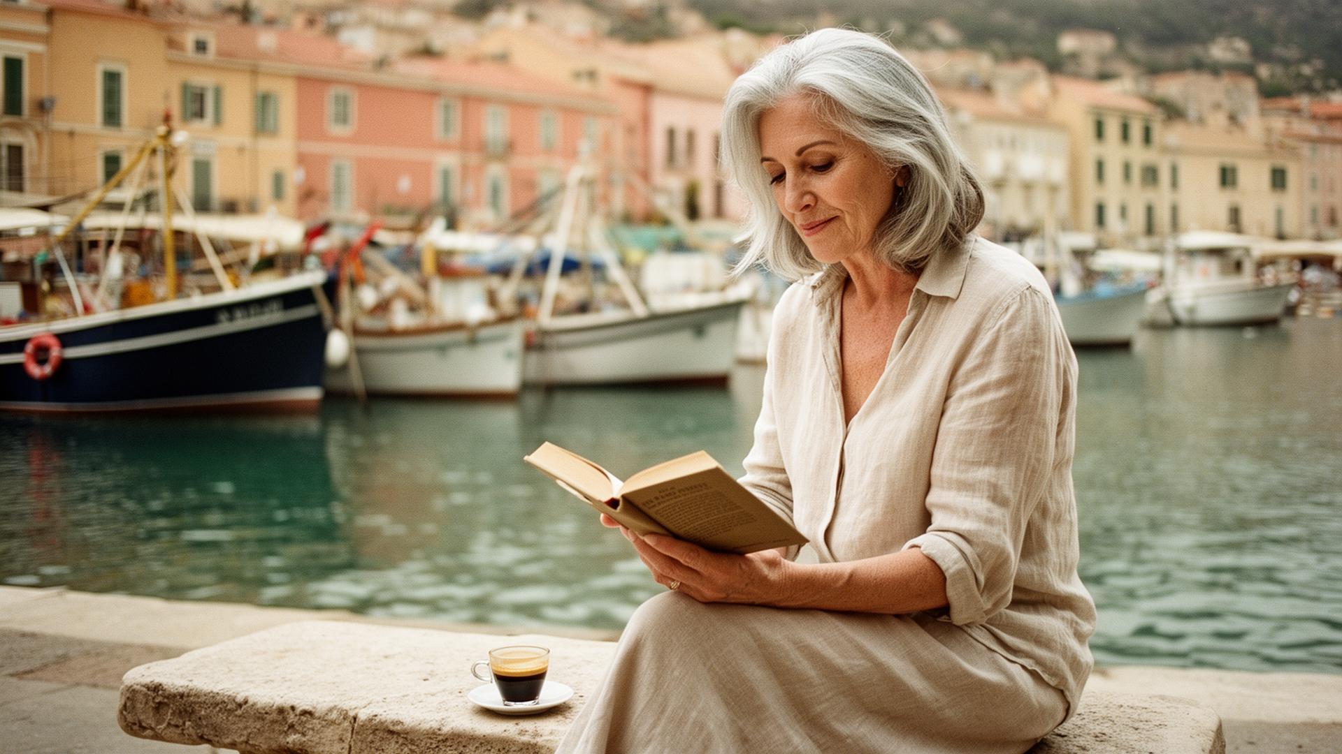 A silver-haired woman reading a book by a Mediterranean harbour