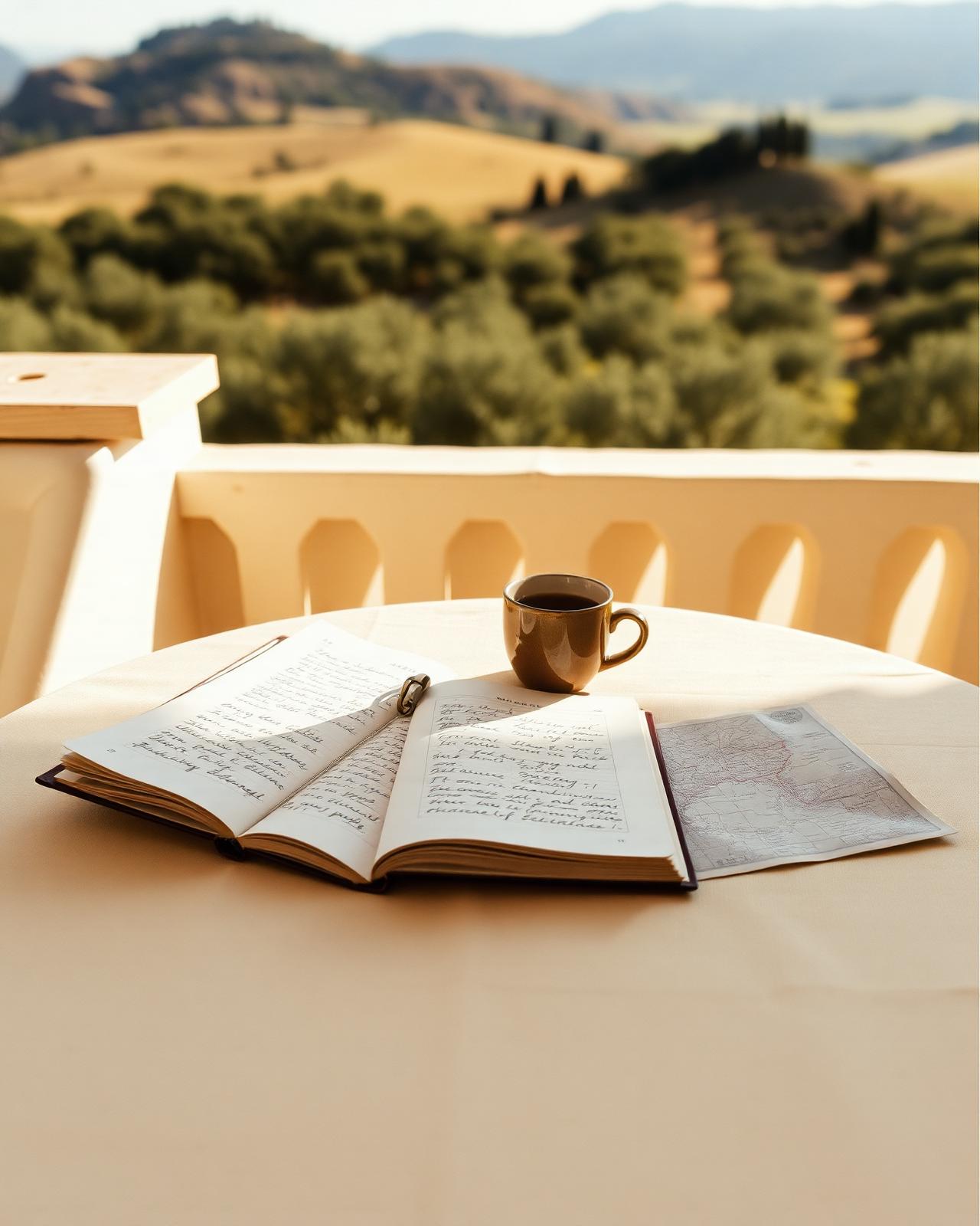 An open journal with handwritten travel notes on a sunlit terrace