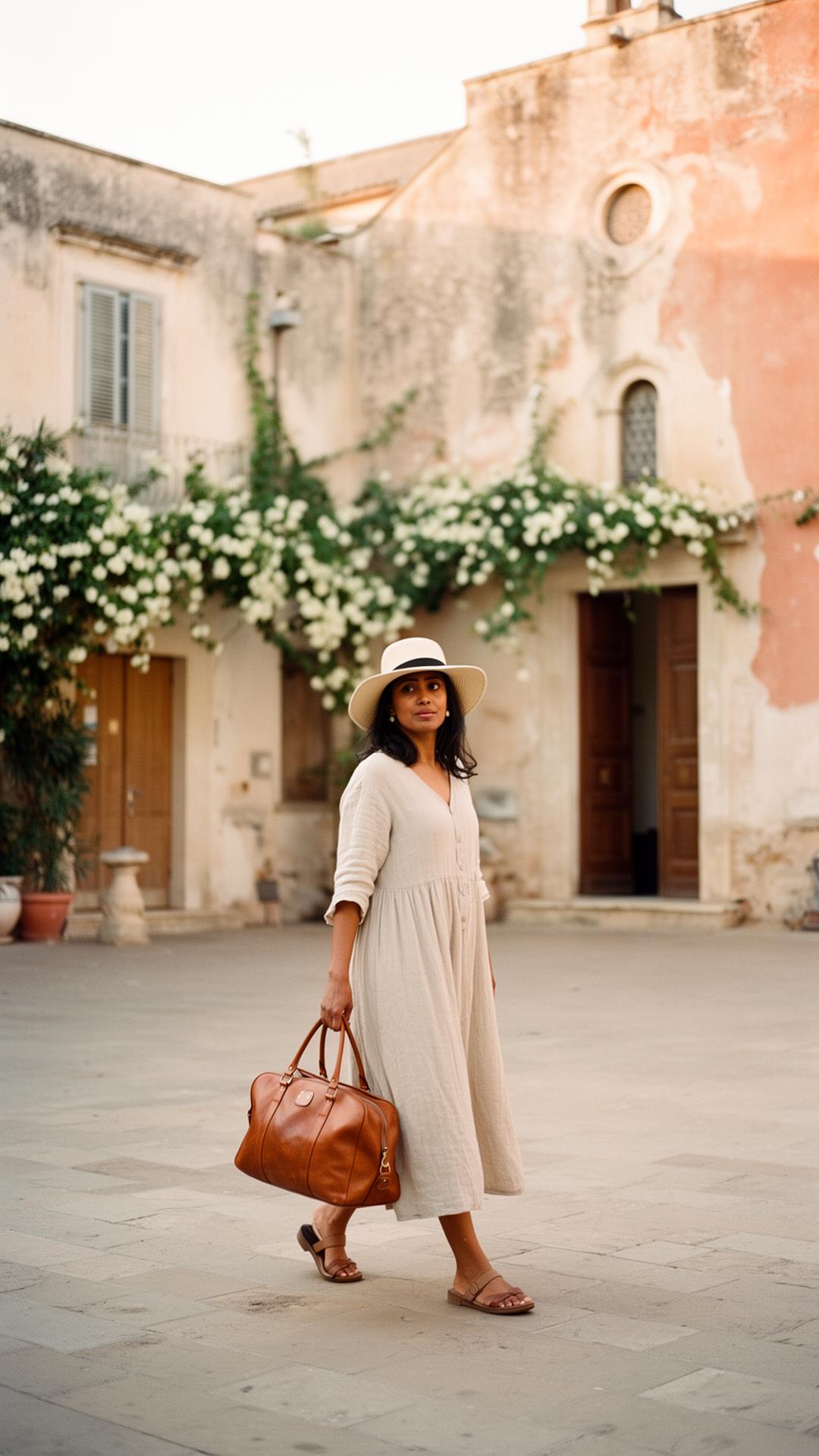 A woman walking alone across a sunlit plaza in Puglia at golden hour
